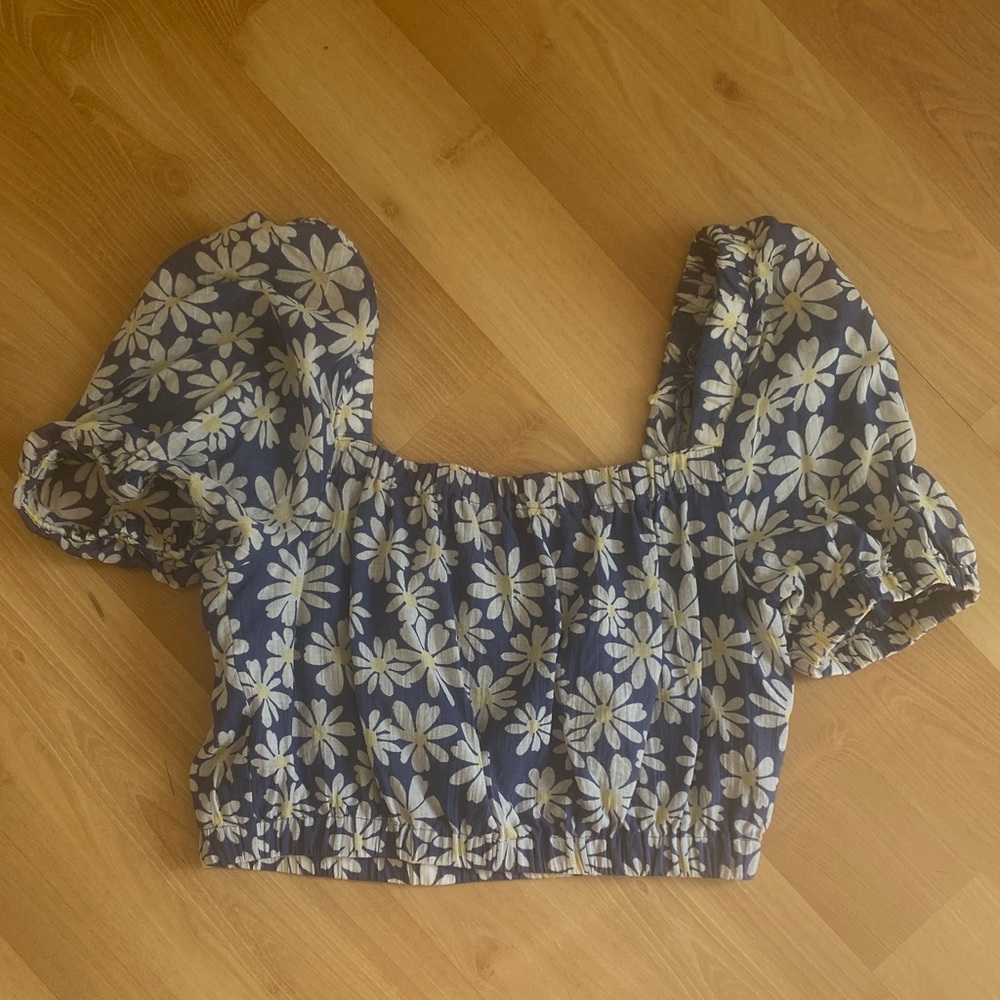 American Eagle Outfitters Daisy Puff Sleeve Crop Top - Blue and White